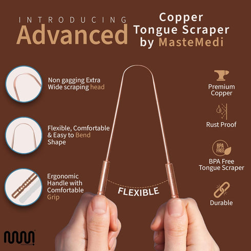 MasterMedi Pure Copper Tongue Scraper for Adults, Easy to Use Tongue Cleaner with Case (Pack of 1)