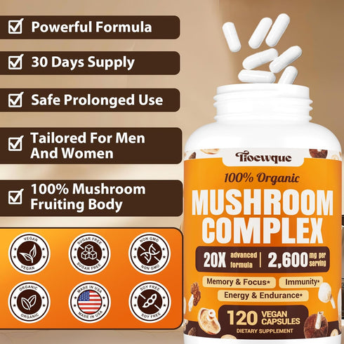 Tioewque 20 1 120 Brain Supplements for Memory and Focus, Mushroom Supplement, in Mushroom Complex with Lions Mane