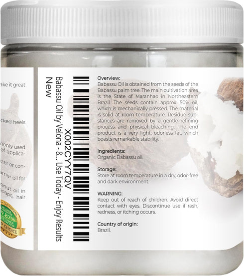 velona Babassu Oil USDA Certified Organic - 8 Fl Oz | 100% Pure Natural Carrier Oil for Face, Hair, Body & Cooking
