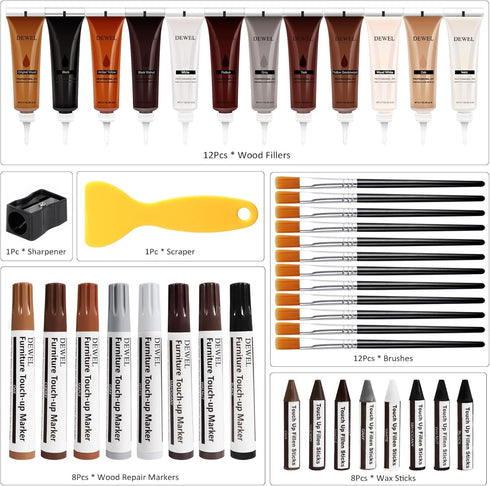 DEWEL Wood Furniture Repair Kit, Upgrade Touch Up Markers with Wax Sticks, 42 Pcs Floor Touch Up Kit for Scratches,