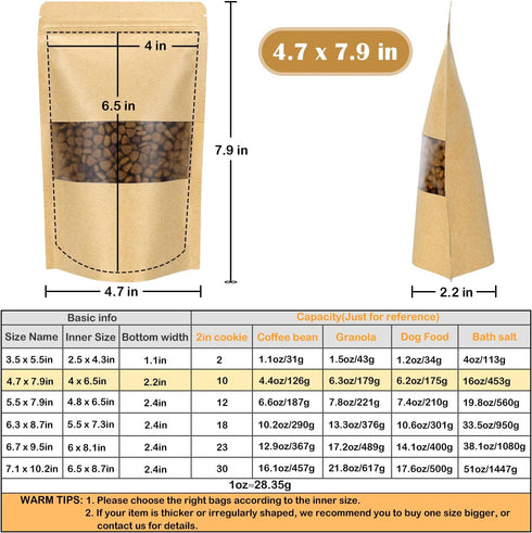 Blisstime 100 Pack Stand Up Pouch, Self-seal Kraft Paper Bags with Matte Window, Resealable Bags for Small Business