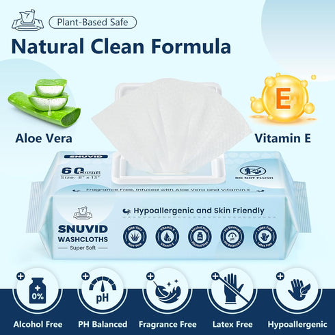 Snuvid 720 Count 8"x13" (12 Packs 60) Adult Wipes for Elderly - Extra Large Disposable Washcloths Rinse Free Bathing