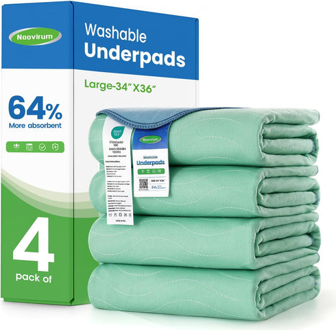 Noovirum Washable Underpads,34"x36" (Pack of 4) - Heavy Absorbency Incontinence Bed Pads