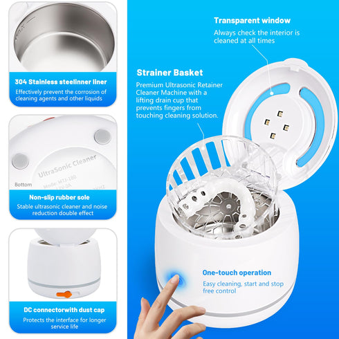 Ultrasonic Retainer Cleaner, Dental Cleaning Pod for Dentures, Mouth Guards, Aligner, Toothbrush Heads, Jewelry, 45kHz