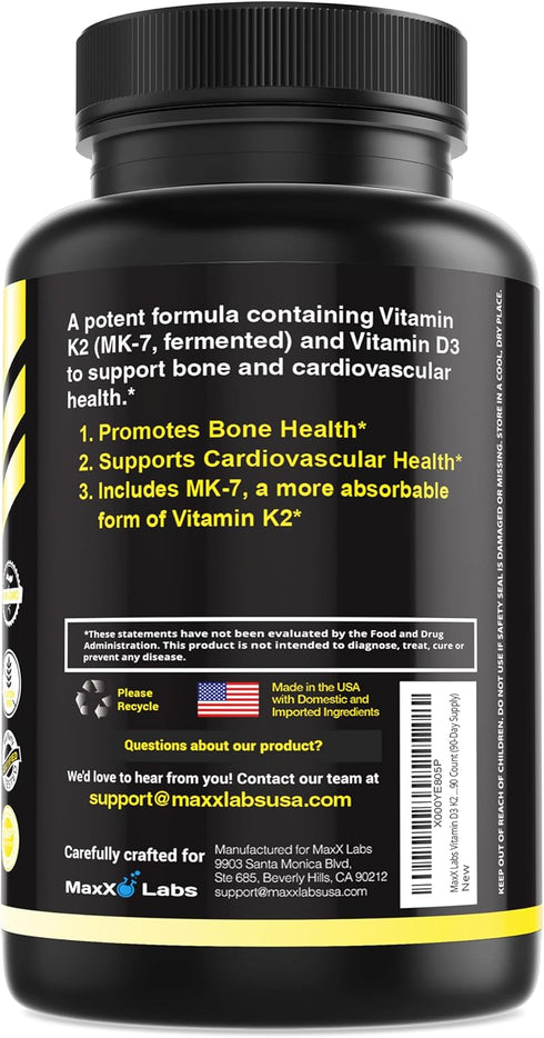 Vitamin D3 K2 3000 IU - High Potency Vitamin Supplement with MK-7 from Natto - 90 Capsules for Healthy Bones & Immune