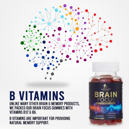 Brain Supplement for Memory & Focus | Nootropics for Concentration | 60 Gummies with B6, B12, Phosphatidylserine