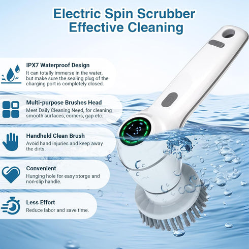 Electric Spin Scrubber, Cordless Shower Scrubber Handheld Electric Spin Scrubber for Cleaning with Display IPX7 Waterproof, Electric Cleaning Brush with 7 Replaceable Heads for Kitchen Tub Tile Sink by Bestnifly