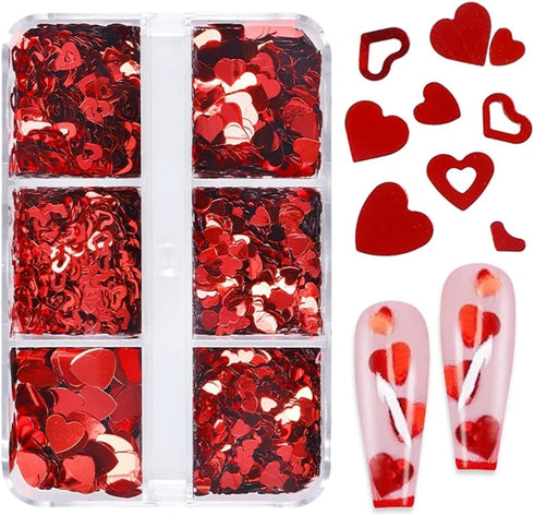 6 Grids Heart Nail Sequins 3D Holographic Nail Glitter Flakes for Valentine's Day Nail Decals for Women