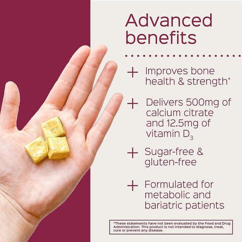 Bariatric Advantage Calcium Citrate Chewy Bites 500 mg - Sugar-Free Chewable Calcium Supplement with Vitamin D3 for