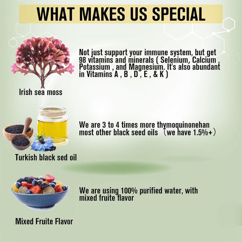 1000mg Irish Sea Moss Drops with Black Seeds Oil, Bladderwrack, Burdock Root, Vitamin C and Zinc - 98 Essential