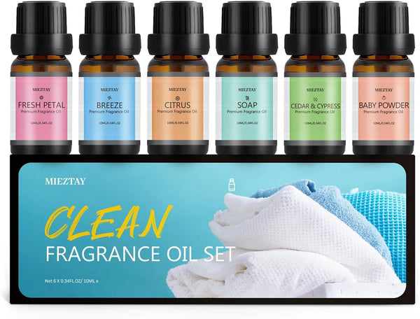 Clean Essential Oils Set - 6x10ML Fragrance Oil for Diffuser, Aromatherapy, Candle & Soap Making Essential Oil Kit
