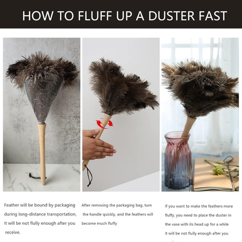 THARAHT 1PCS Ostrich Feather Duster, Fluffy Natural with Wood Handle, Reusable for Cleaning Keyboard and Home