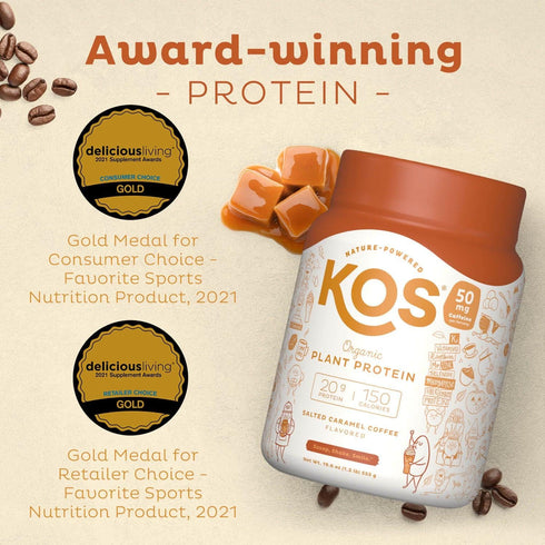 KOS Vegan Protein Powder - Salted Caramel Coffee, Low Carb Pea Protein Blend, Organic Plant Superfood, 15 Servings