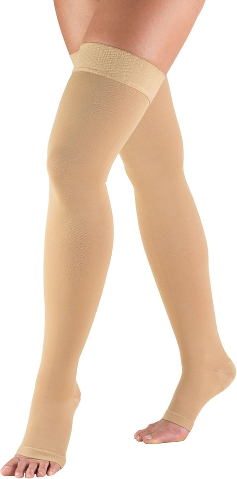 Truform Compression Stockings for Men and Women, 30-40 mmHg, Thigh High, Dot-Top, Open Toe, Beige, Medium