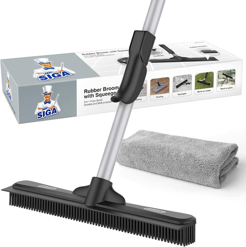 MR.SIGA 3 in 1 Pet Hair Removal Rubber Broom with Built-in Squeegee, 61 inch Adjustable Handle