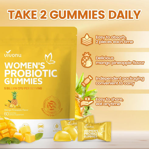 Gummies Gummies, Gummy, VivoNu Pineapple for Women Ph, Women Probiotic Feminine Balance Mango Pineapple Viginal