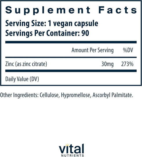 Vital Nutrients Zinc Citrate 30mg | Vegan Immune Support Supplement | Non-GMO, Gluten, Dairy, Soy Free | 90 Capsules
