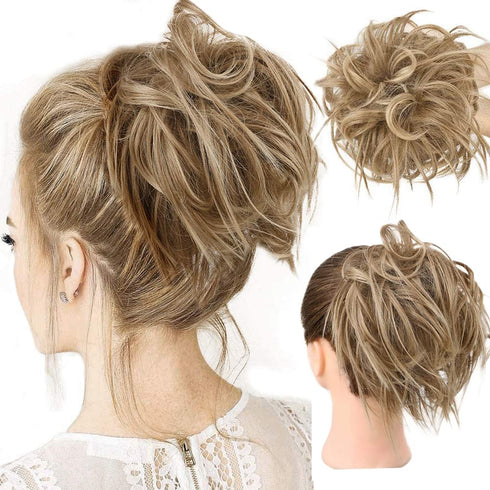 HMD Tousled Updo Messy Bun Hairpiece - Synthetic Ponytail Hair Extension with Elastic Rubber Band