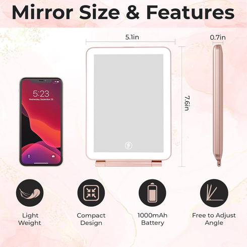 Portable Rechargeable Travel Makeup Vanity Mirror - Dimmable LED Lights, 3 Lighting Modes, Rose Gold