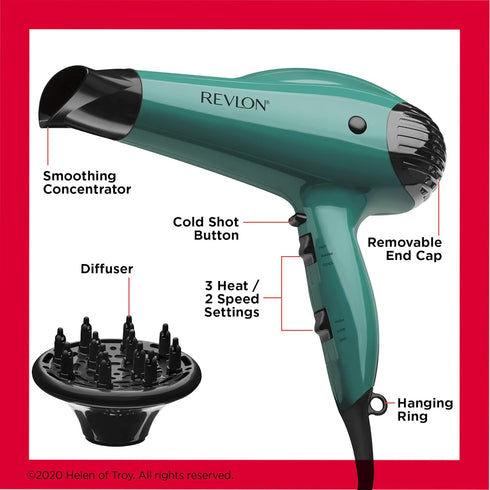 Revlon Volume Booster Hair Dryer, 1875W for Voluminous Lift and Body, Green