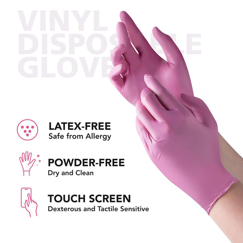 Disposable Gloves for Women, Pink Vinyl Gloves, Latex Free for Cooking, Food Prep, Cleaning, 50 Pack