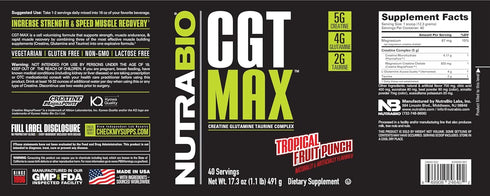 NutraBio CGT-MAX Powder - Creatine, Glutamine, Taurine for Muscle Recovery & Strength - 40 Servings - Tropical Fruit