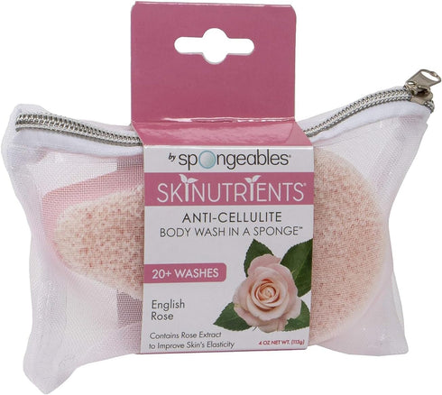 Spongeables Skinutrients Anti-Cellulite Body Wash in a Sponge, Spa Cellulite Massager, English Rose, 1 Count