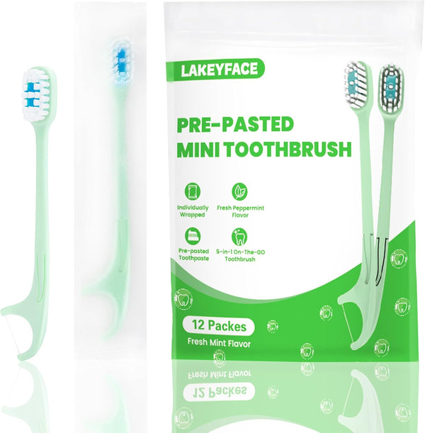 5-in-1 Travel Toothbrush Set - Prepasted Mini Toothbrushes with Toothpaste, Tongue Scrapers, Floss, Pick, Mint, 12 Pack