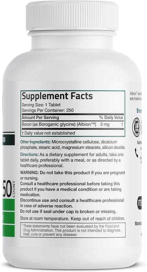 Bronson Boron 3 MG Chelated Superior Absorption Supports Bone Health Trace Mineral, Non-GMO, 250 Vegetarian Tablets