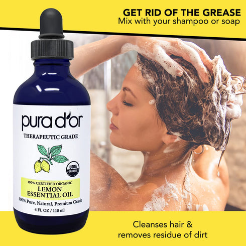 PURA D'OR Organic Lemon Essential Oil, 4oz with Glass Dropper, 100% Pure & Natural for Aromatherapy