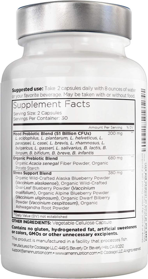 Amen Mood Probiotic Supplement 51 Billion CFU - Organic Prebiotics and Probiotics, Vegan & Non-GMO, 60 Capsules