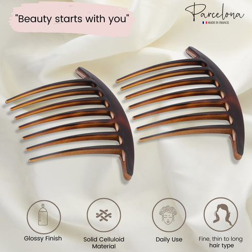 Parcelona French Basic 7 Teeth Tortoise Shell Matte Large 4” Celluloid Set of 2 Side Hair Combs for Women and Girls