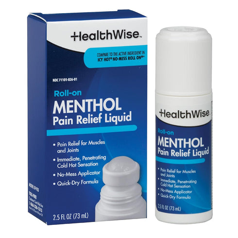 HealthWise 16% Menthol Roll-On, Cold Hot Sensation Pain Relief Liquid, Non-Greasy Formula, 2.5 oz.