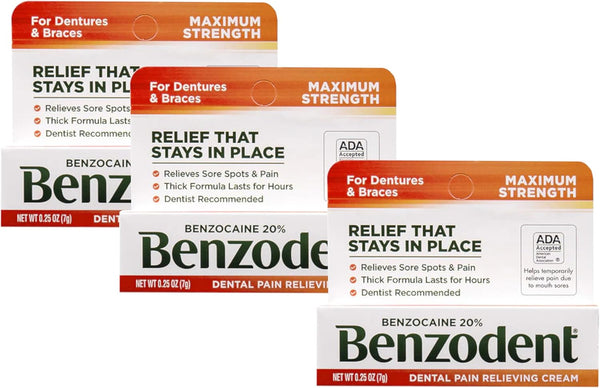 Benzodent Dental Pain Relieving Cream for Dentures and Braces, 0.25 oz tube (Pack of 3)
