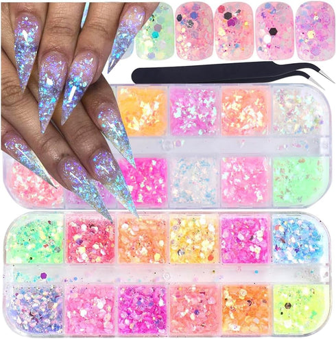 Holographic Nail Art Glitter, Iridescent Flakes and Mermaid Flake Sequins, 12 Grids for DIY Decoration