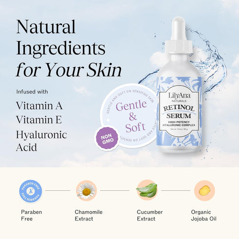 LilyAna Naturals Retinol Serum for Face - Anti Aging Serum with Hyaluronic Acid and Vitamin E, 1oz