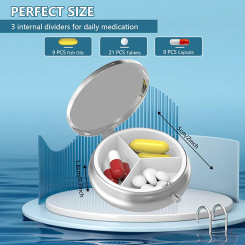 Pill Box 3 Compartment Small Pill Case - Portable Pill Organizer for Pocket or Purse to Hold Vitamins, Medication, Fish