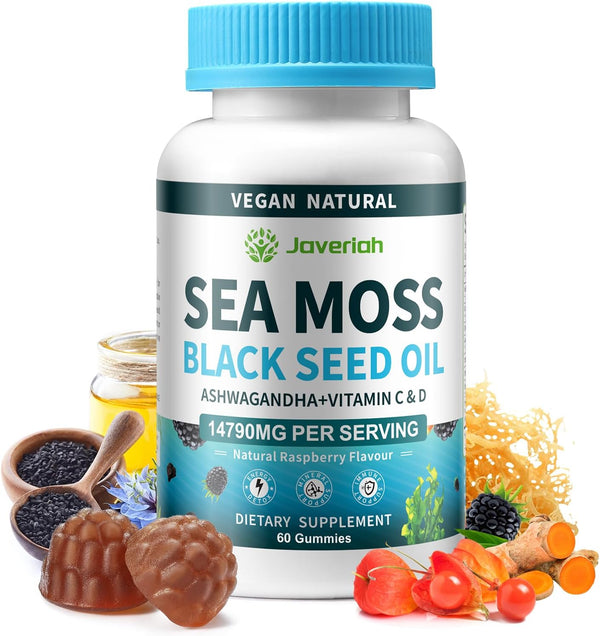 Vegan Ashwagandha Sea Moss Gummies - Black Seed Oil, Vitamin C&D for