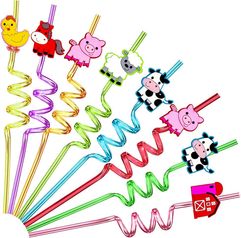 24pcs Farm Animals Party Favor Straws, Reusable Drink Birthday Party Straws, Chicken Sheep Horse Cow Pig Farm Party