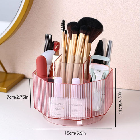 LINFIDITE 360°Rotating Makeup Brush Holder, Clear Cosmetic Display Case with 5 Slots for Vanity, Pink