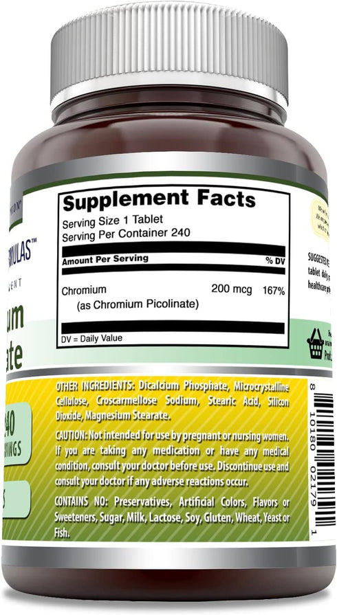 Amazing Formulas Chromium Picolinate Supplement | 200 Mcg Per Serving | Non-GMO, Gluten Free, Made in USA (240 Count)