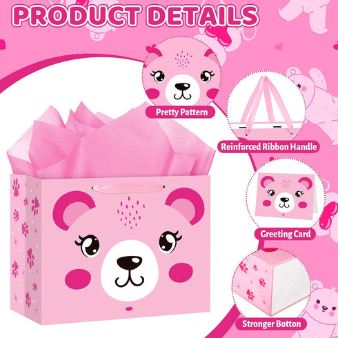 Peconal 1st 2nd 3rd Pink Bear Gift Bag for Baby Shower Pink Bear Baby Shower Birthday Gift Wrapping Paper Bag