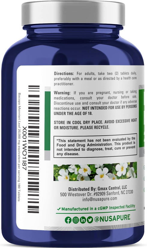 NusaPure Bacopa Leaf Monnieri Extract - 20,000 mg, 180 Tablets (Extract 20:1, Non-GMO)