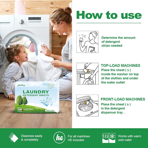 Laundry Detergent Sheets, 240 Loads, Eco-Friendly & Hypoallergenic Strips, Natural Ingredients, Fresh Scent