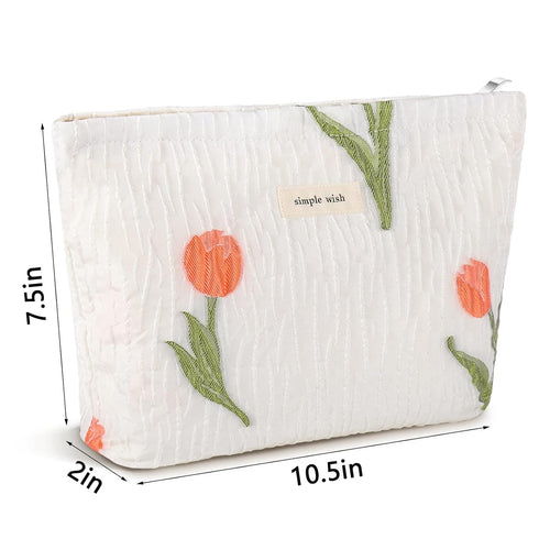 Tulip Makeup Bag for Women, Floral Zipper Cosmetic Pouch, Large Capacity Quilted Canvas Organizer
