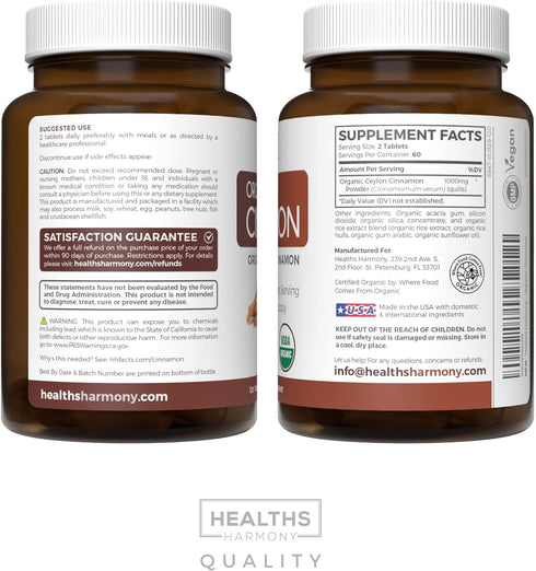 USDA Organic Ceylon Cinnamon - 1000mg Cinnamon Quill Powder per Serving, 120 Tablets for Metabolism, Cognitive, Joint