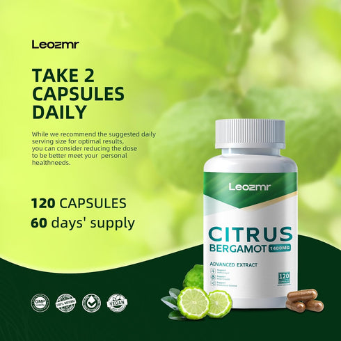 Leozmr 1400mg, 120 25:1 Organic Citrus Bergamot Capsules - Citrus Bergamia - Essential Oil and Citrus Bioflavonoids