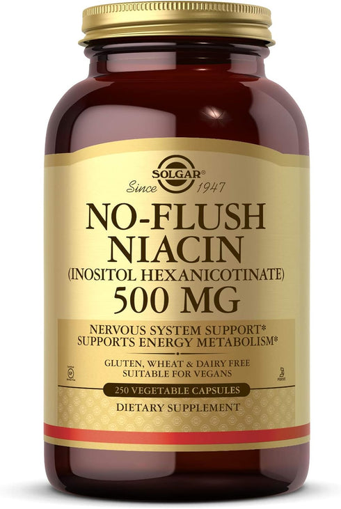 Solgar No-Flush Niacin 500 mg - 250 Vegetable Capsules - Cardiovascular Support - Vegan, Gluten Free