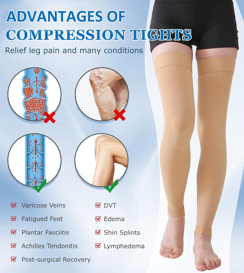 MGANG Thigh High Compression Stockings, 20-30 mmHg Graduated, Medical, Beige L for Men & Women
