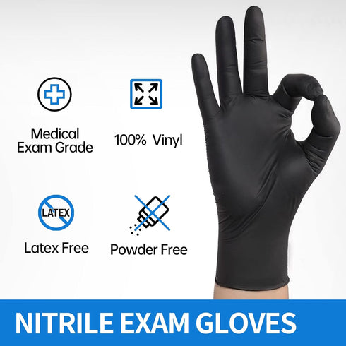 Basic Black Nitrile Exam Gloves, Latex-Free & Powder-Free, Heavy-Duty Industrial Medical Glove (Pack of 100)